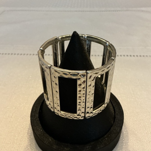 Rectangle Wide Silver Tone Stretch Bracelet - Picture 2 of 4